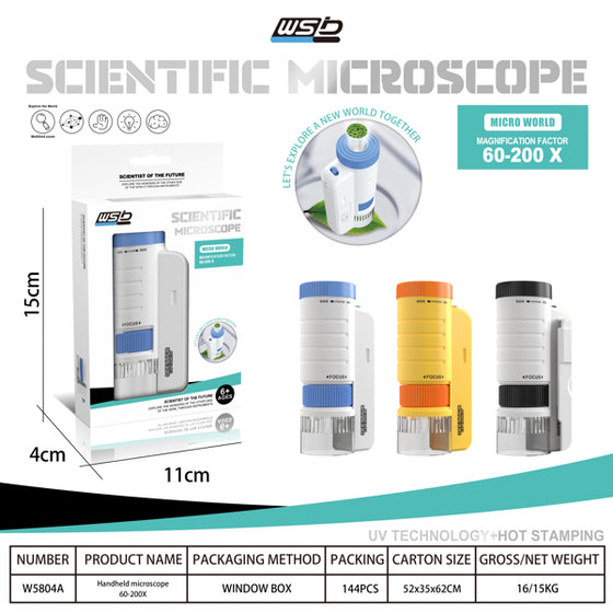 Pocket microscope retail box, 60-200x magnification, in blue, orange and black versions