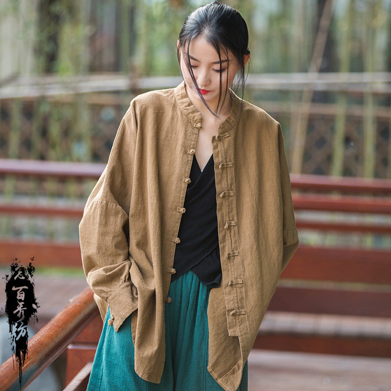 Women's Ramie Cotton Blend Sand-Washed Distressed Stand Collar Cardigan Jacket