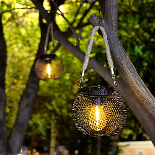 Solar Iron Grid Lantern Retro Outdoor Hanging Light