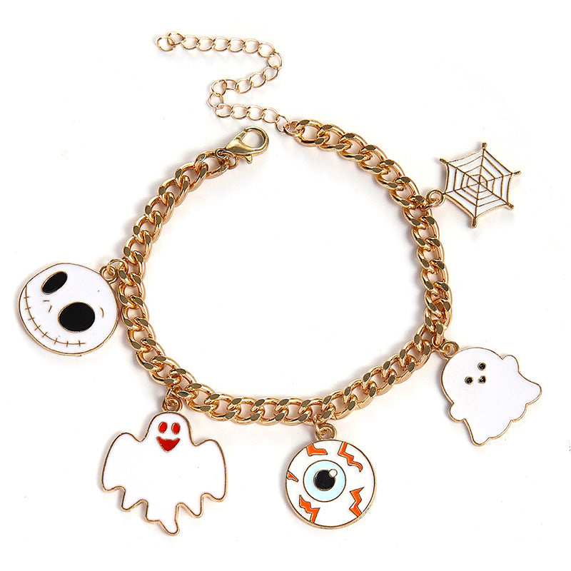 Halloween themed bracelet with pumpkin head, ghost wizard hat, festive ornaments