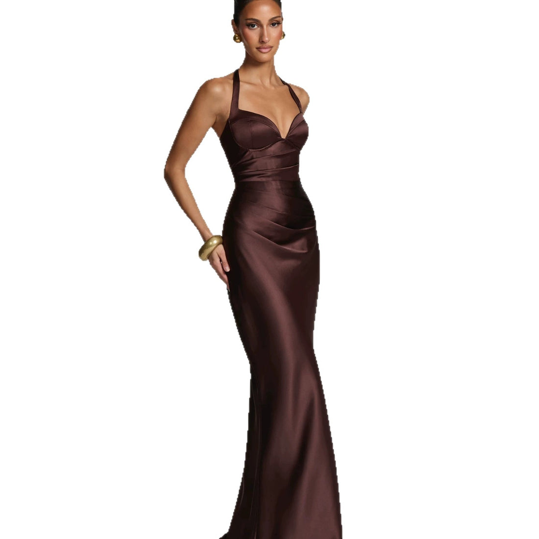 Fashion Elegant Satin Halter Neck Ribbon Backless Cross-Tie Floor-Length Fishtail Gown Dress