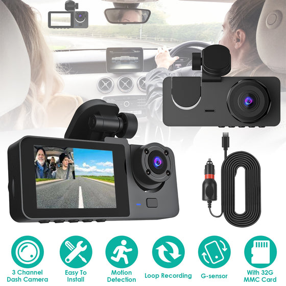 3-channel dash cam with screen, rear camera and charger, with feature icons