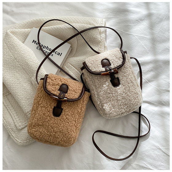 Women's Plush Lamb Wool Crossbody Bag Simple Trendy Phone Purse