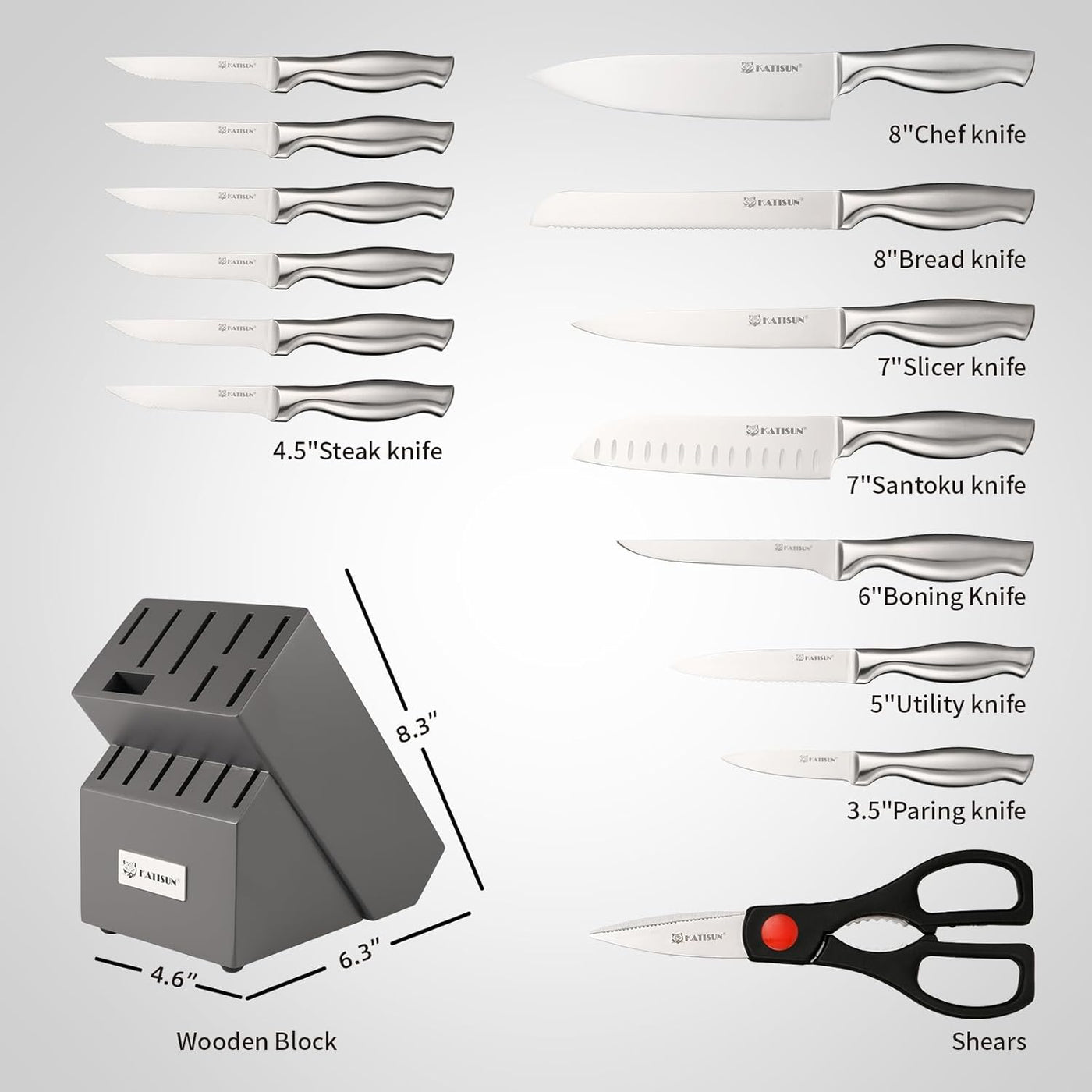 Silver knife set displayed on a kitchen counter
