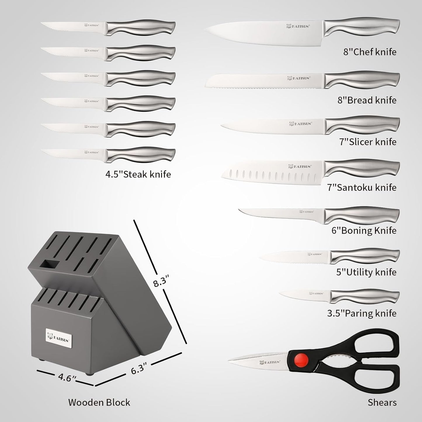 Kitchen Knife Set — 15 Piece with Block, Silver