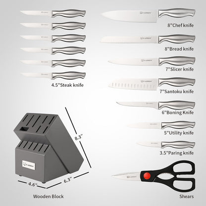 Kitchen Knife Set — 15 Piece with Block, Silver