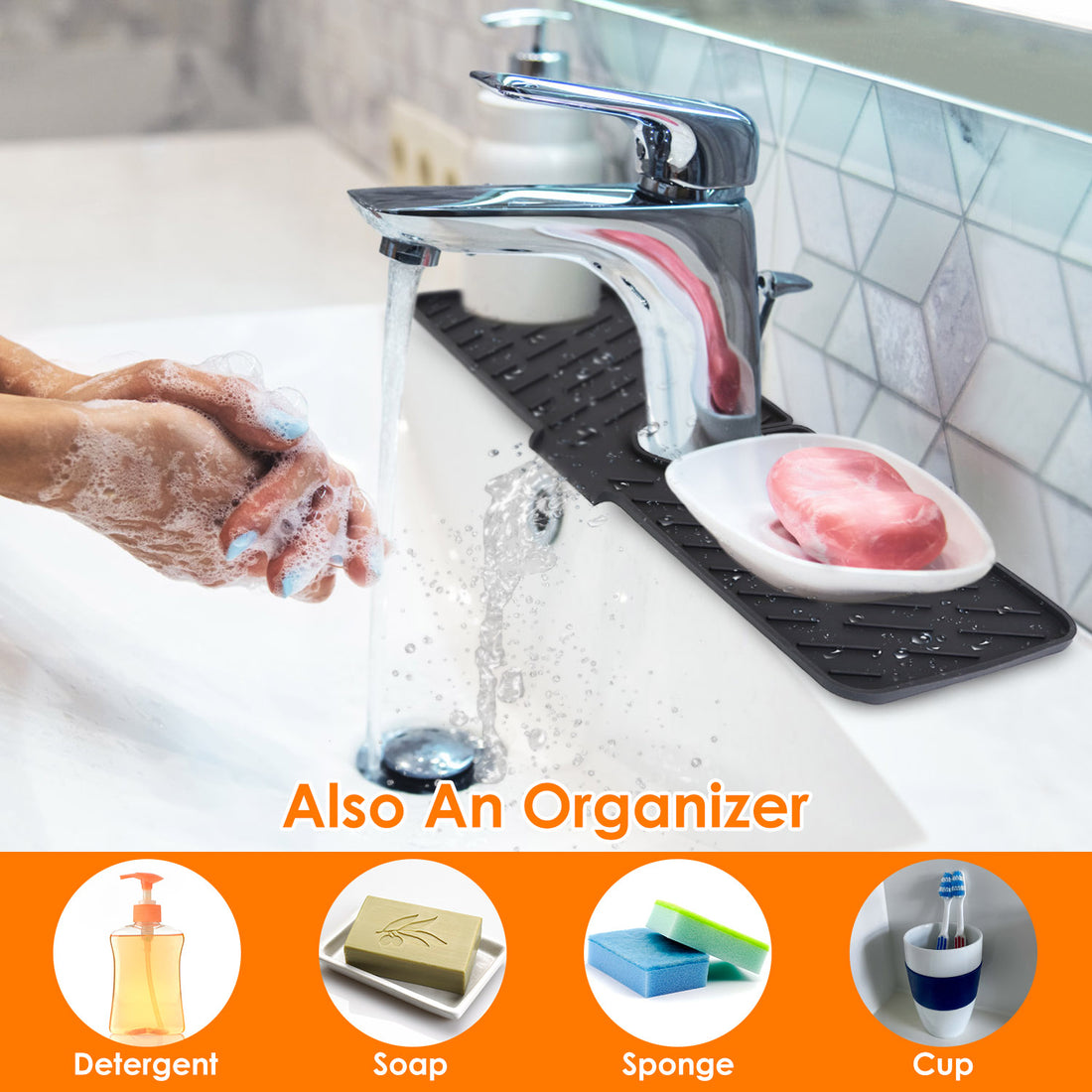 Faucet mat holding a soap bar at a bathroom sink