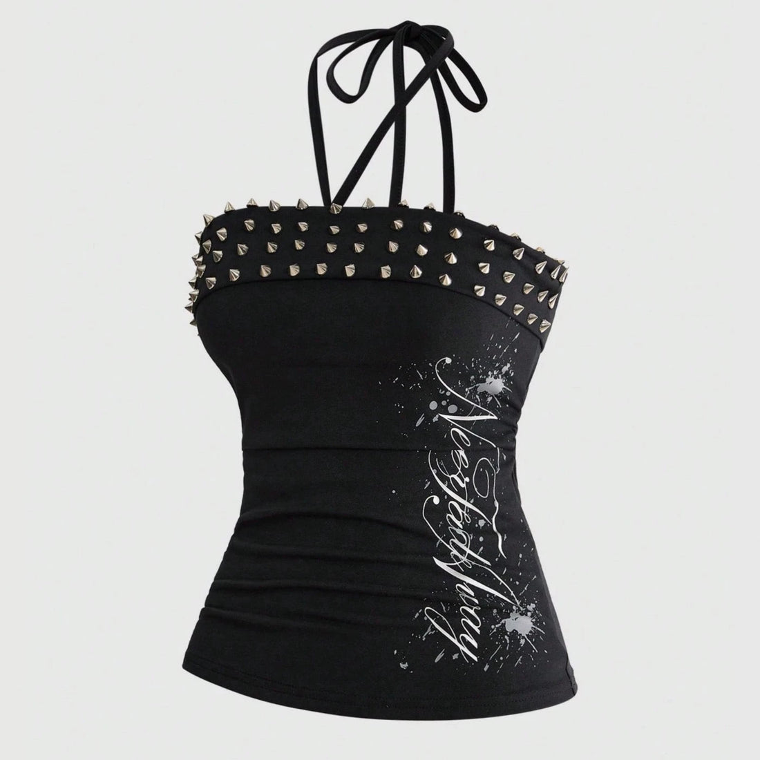 Black punk halter tank top with rivets, lace-up front and letter print, photo 2