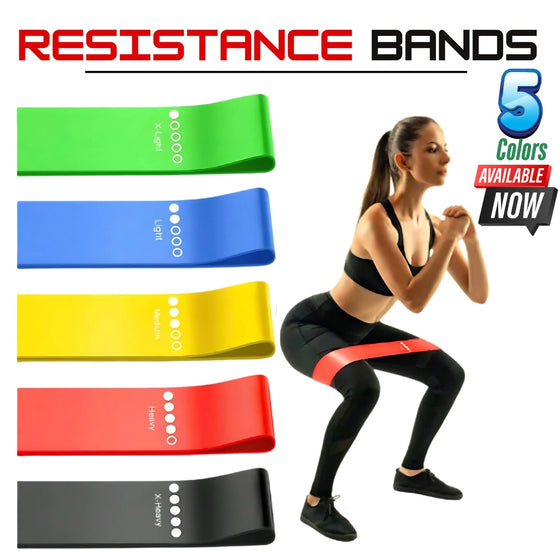 Five colored resistance loop bands beside a woman doing a banded squat