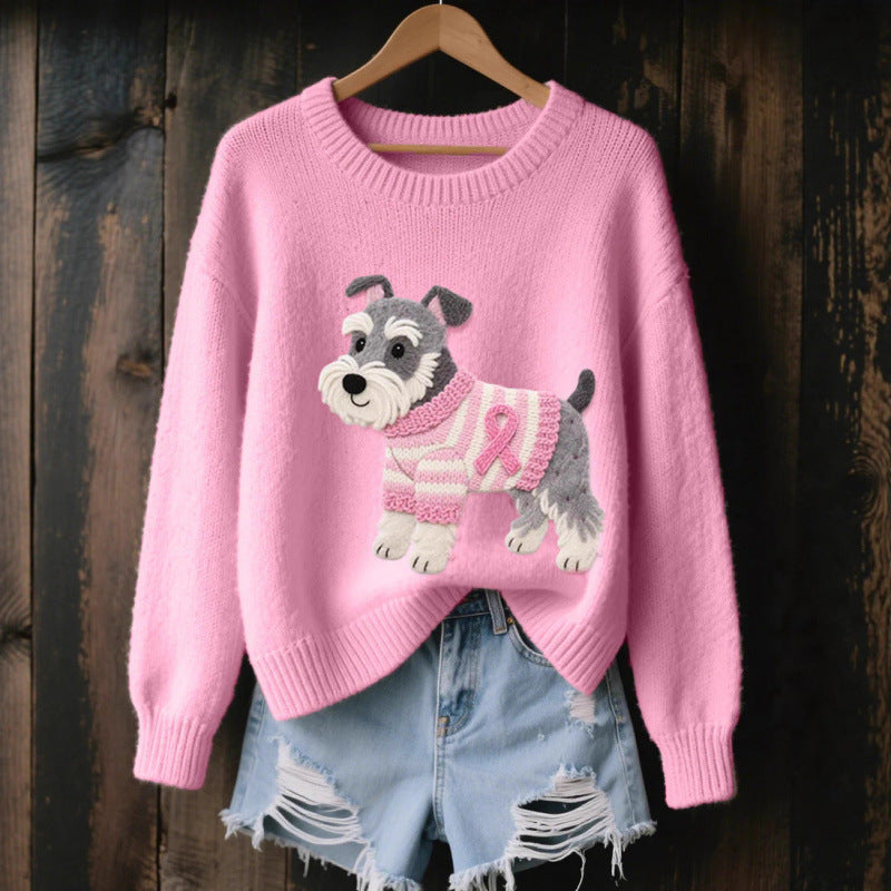 Womens 3D Printed Round Neck Chunky Knit Sweater