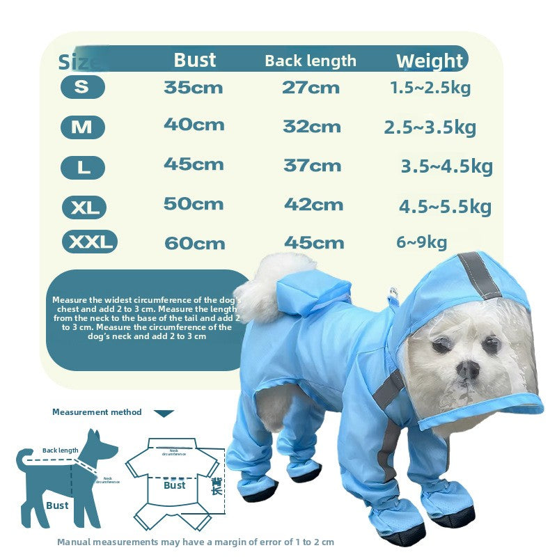 Waterproof Full-Coverage Dog Raincoat, Four-Legged Pet Rainwear for Small Dogs
