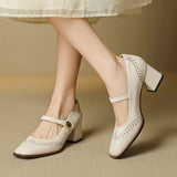 Women's Genuine Leather Brogue Chunky Heel Shoes