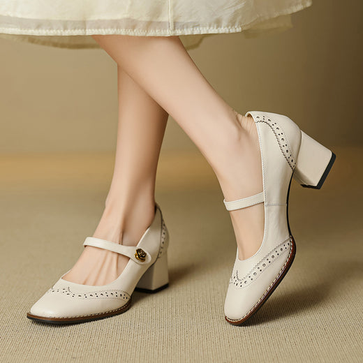Women's Genuine Leather Brogue Chunky Heel Shoes