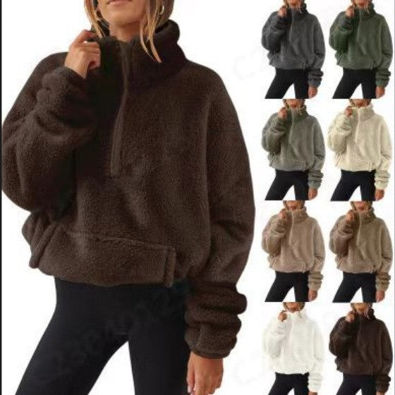 Womens Plush Fleece Half Zip Stand Up Collar Sweatshirt