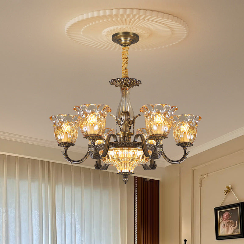All-Copper American Retro Multi-Head Chandelier Glass Shade Pendant Light for Living Room Dining Room