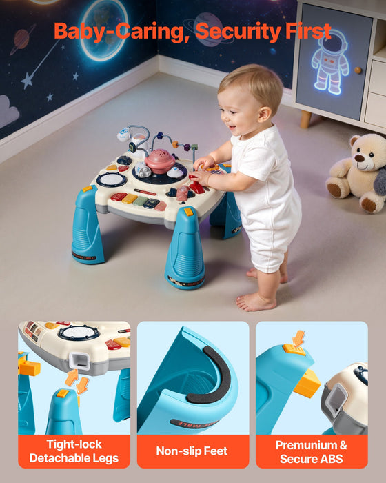 Toddler standing at the spacecraft activity table with tight-lock legs and non-slip feet