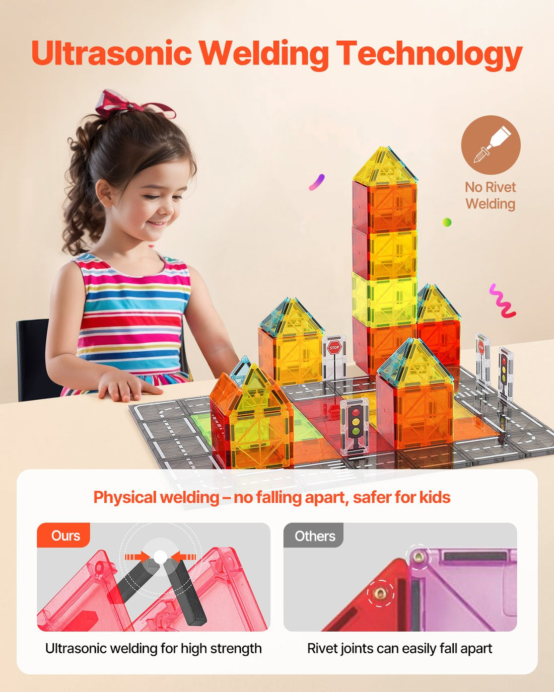 Girl building a magnetic tile tower with sealed welded edges