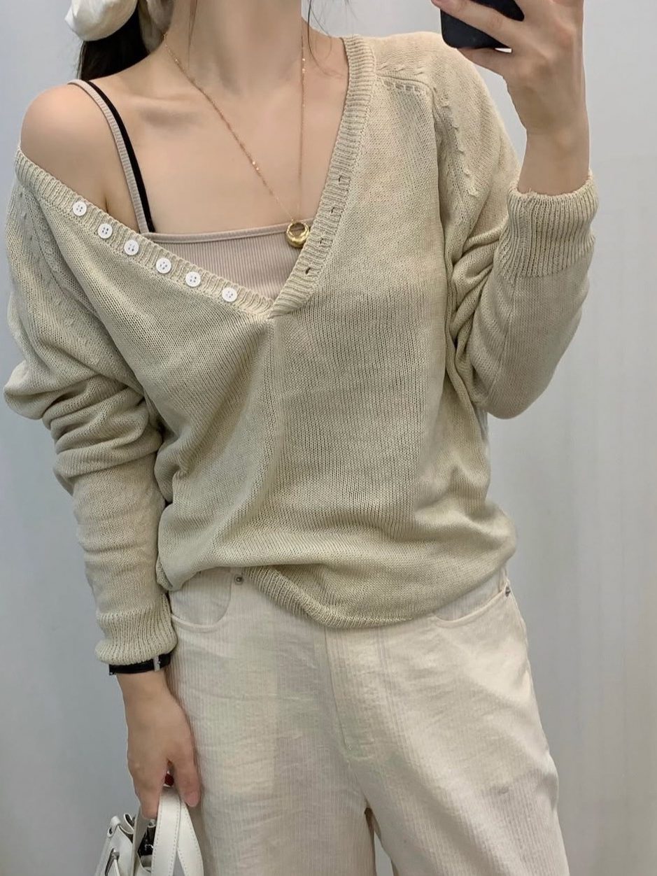 Women Autumn V-Neck Button Long-Sleeve Knit Top