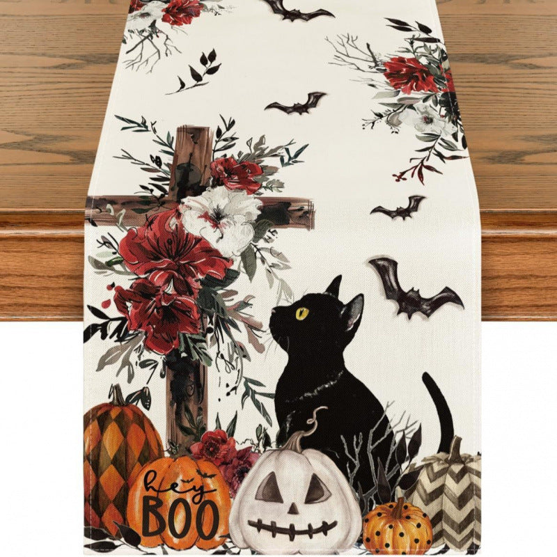 Halloween Pumpkin Ghost Linen Table Runner