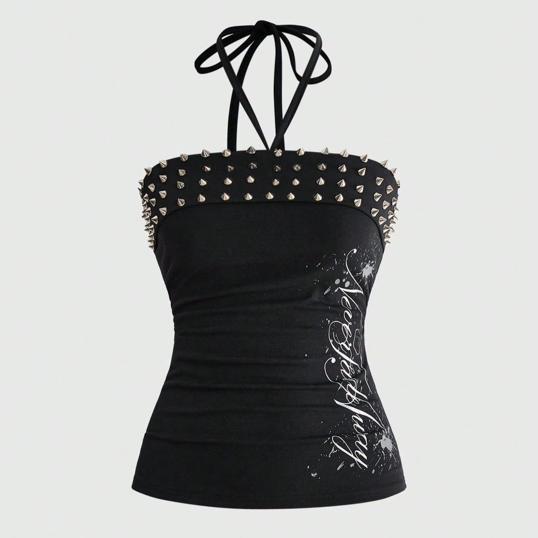 Black punk halter tank top with rivets, lace-up front and letter print, photo 8