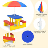 Kids seated at the picnic table with umbrella shade