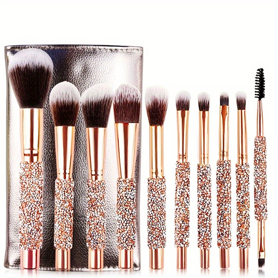 10 rose gold rhinestone makeup brushes in front of a metallic pouch