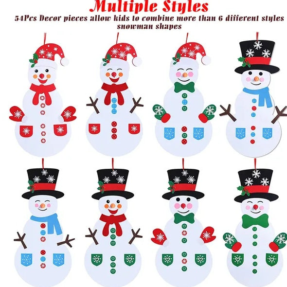 Six style variations of the DIY felt snowman with different accessories