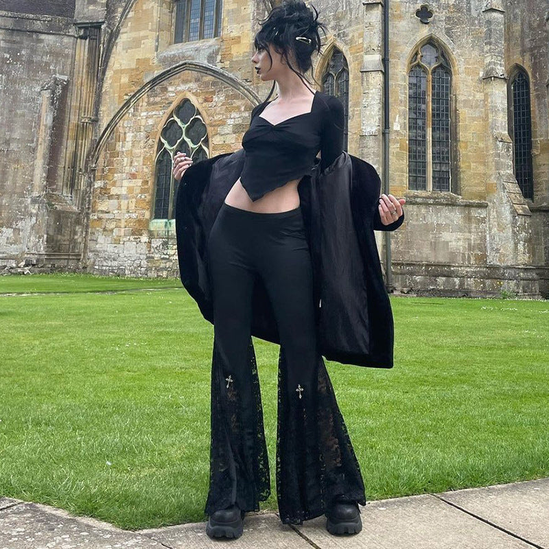 Women's High-Waist Lace Hollow Slight Flare Trousers