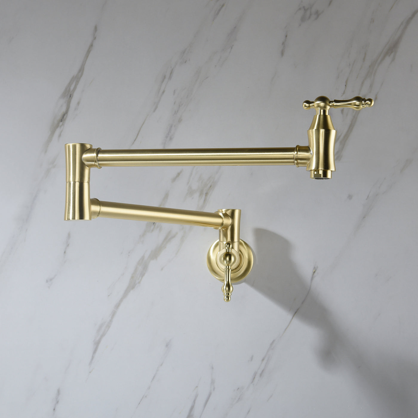 Folding kitchen faucet under window install scene