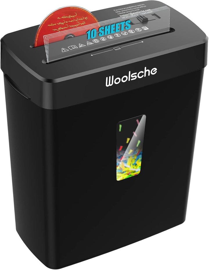 10-sheet cross cut paper shredder front view in black, desktop home office unit