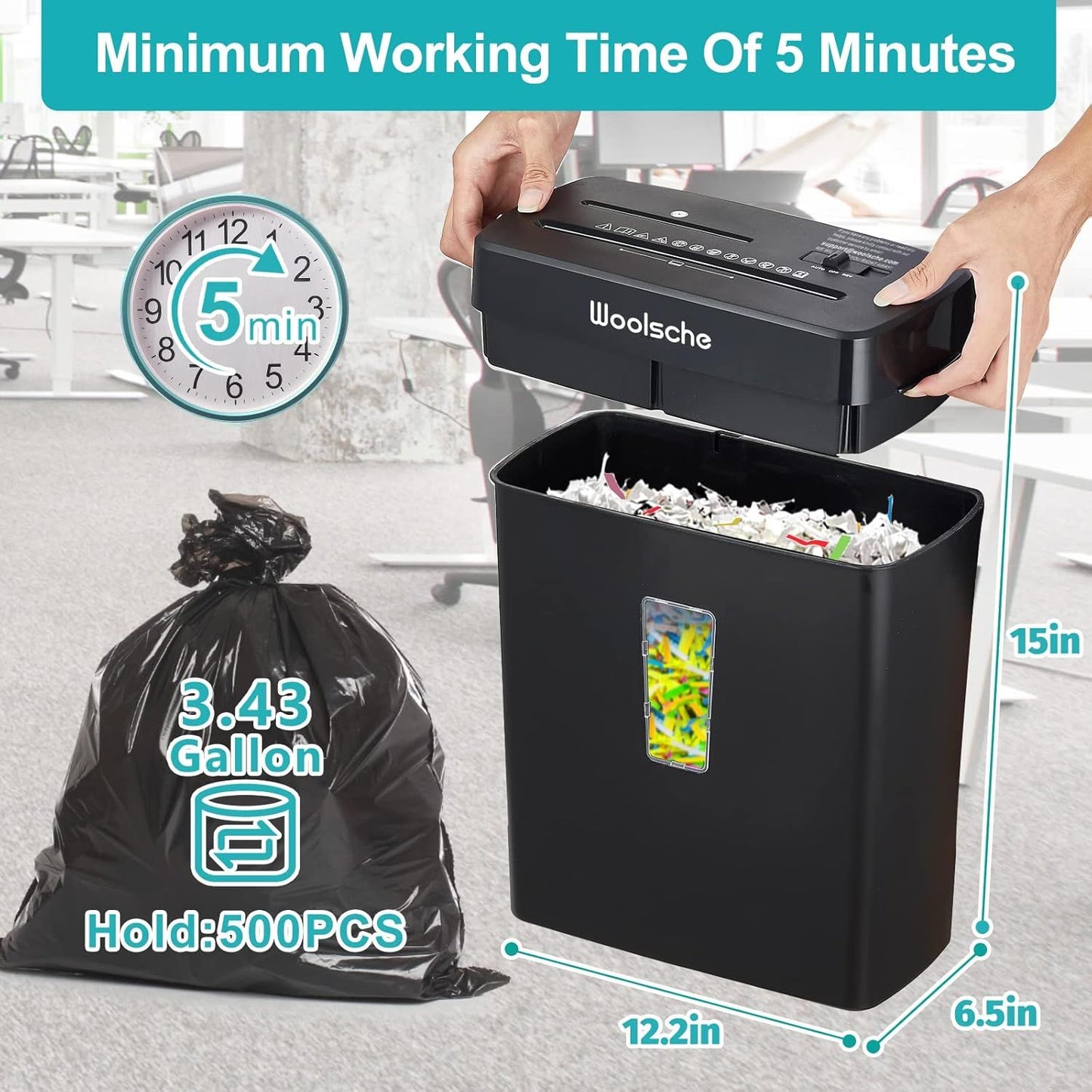 10-sheet cross cut paper shredder side profile with bin visible