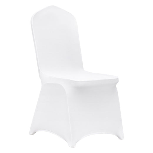 100-pack white stretch spandex chair covers for folding chairs at wedding banquet - detail view