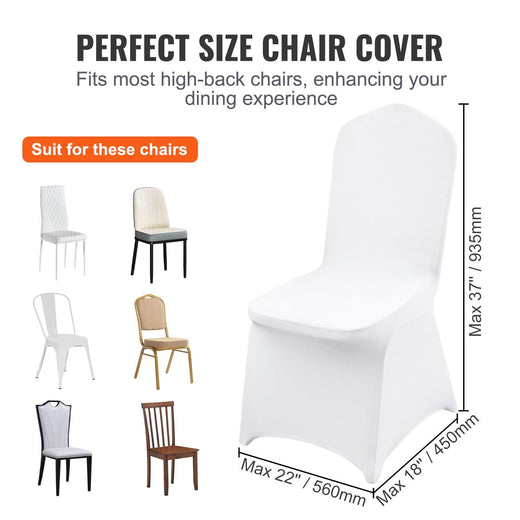 100-pack white stretch spandex chair covers for folding chairs at wedding banquet - side view