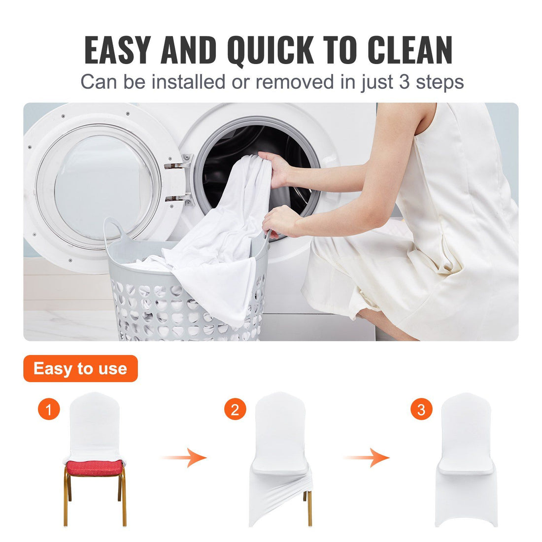 100-pack white stretch spandex chair covers for folding chairs at wedding banquet - in-use lifestyle