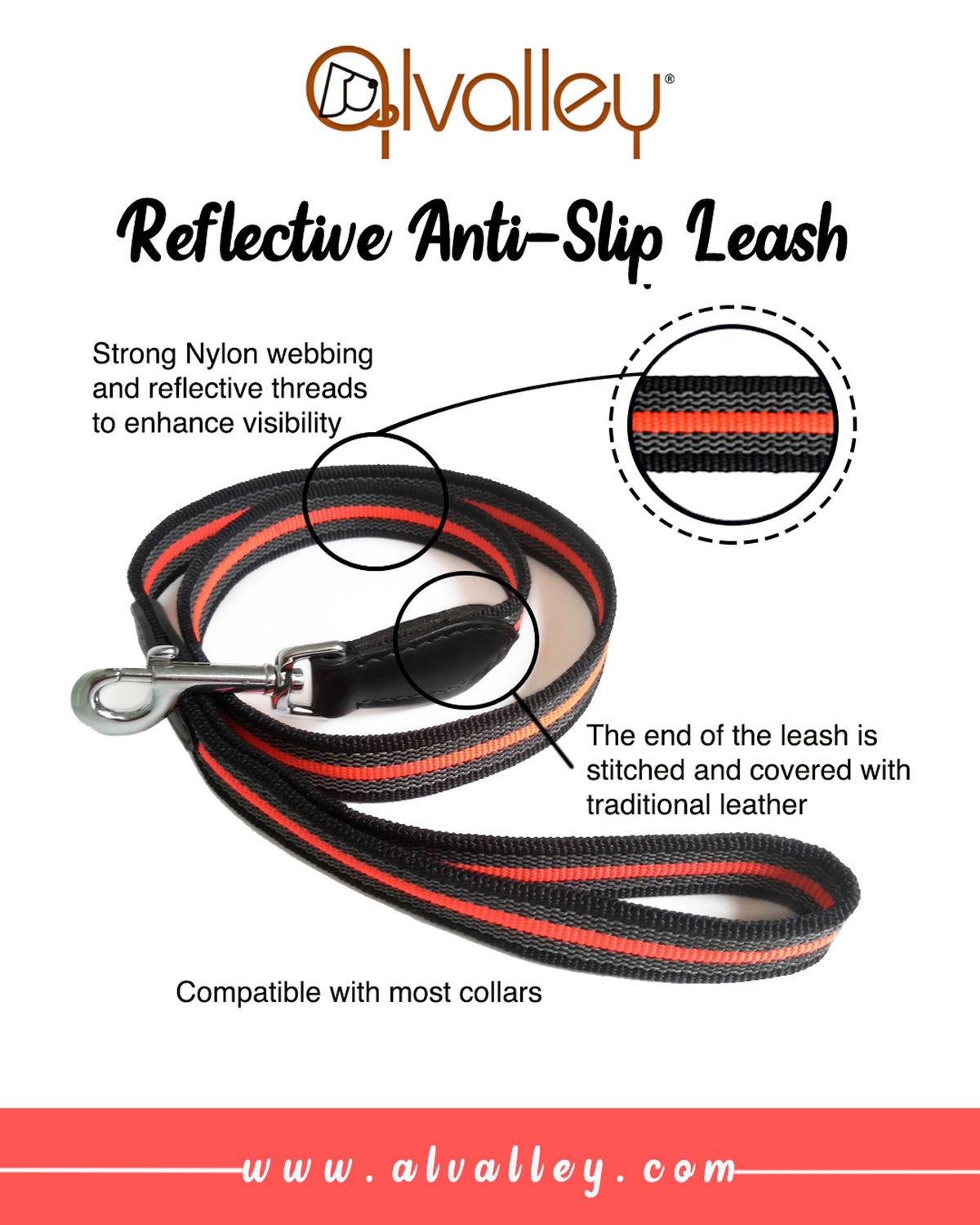 Alvalley Reflective Anti-Slip Snap Dog Leash (4ft x 1in)