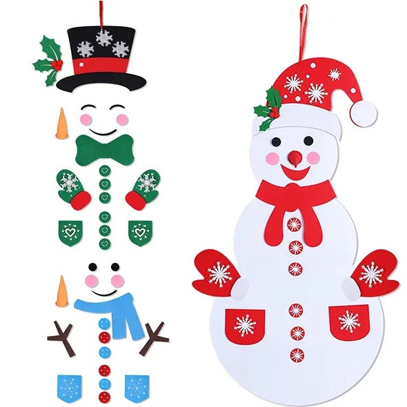Two DIY felt snowmen dressed in different hats and scarves, hanging