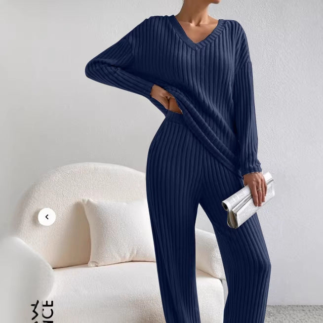 Women's V-Neck Ribbed Knit Two-Piece Set