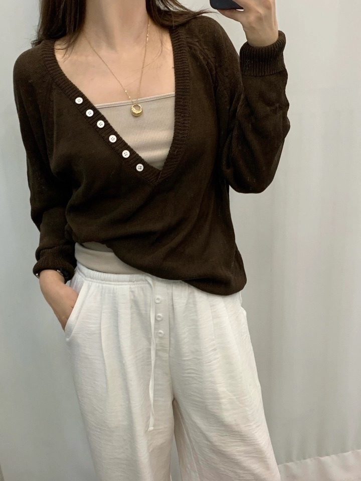 Women Autumn V-Neck Button Long-Sleeve Knit Top