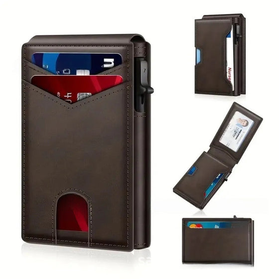 Brown slim wallet with a red pop-up card holder