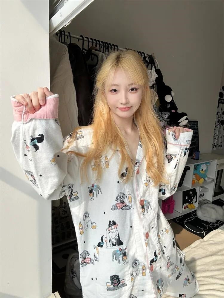 Women's Cartoon Puppy Print Cotton Long Sleeve Pajama Set