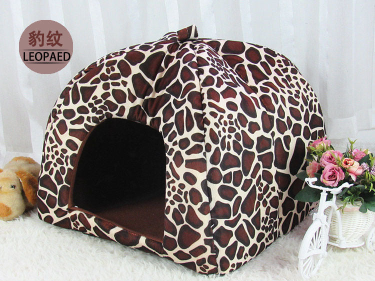Leopard-print pet house with entrance opening visible