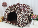 Leopard-print pet house with entrance opening visible