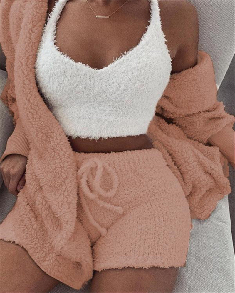 Women's 3-piece fleece pajama set in pink with white tank top