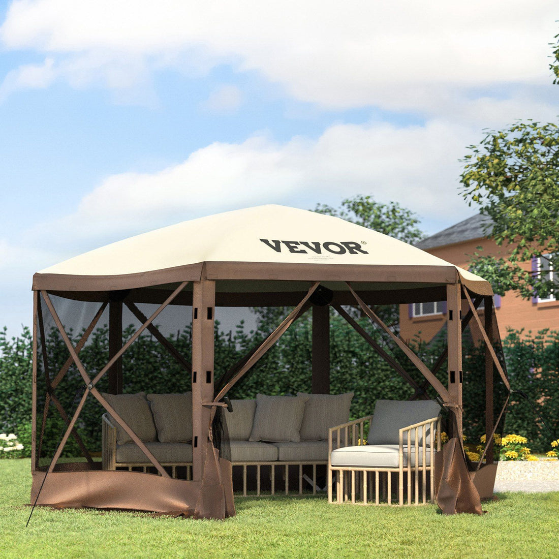 10x10 waterproof camping gazebo set up outdoors in brown and beige