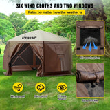 Camping gazebo from the corner showing roof slope and mesh panels