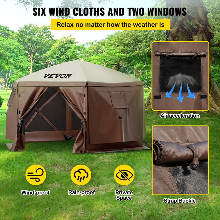 Camping gazebo from the corner showing roof slope and mesh panels