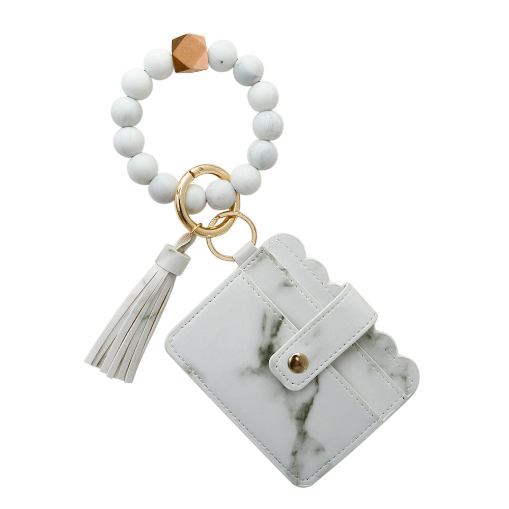 Marble bead wristlet keychain with gray card holder
