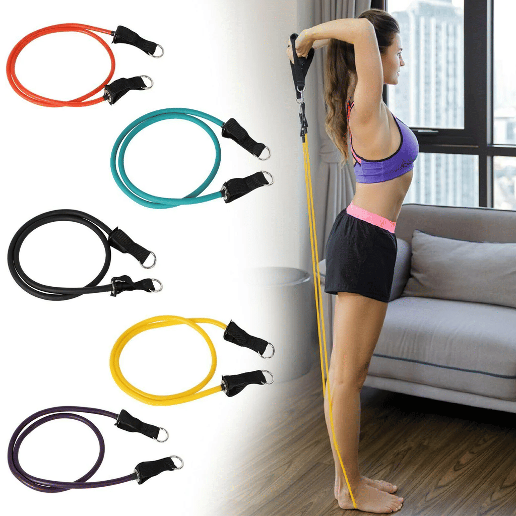 resistance bands set with door anchor and handles flat lay