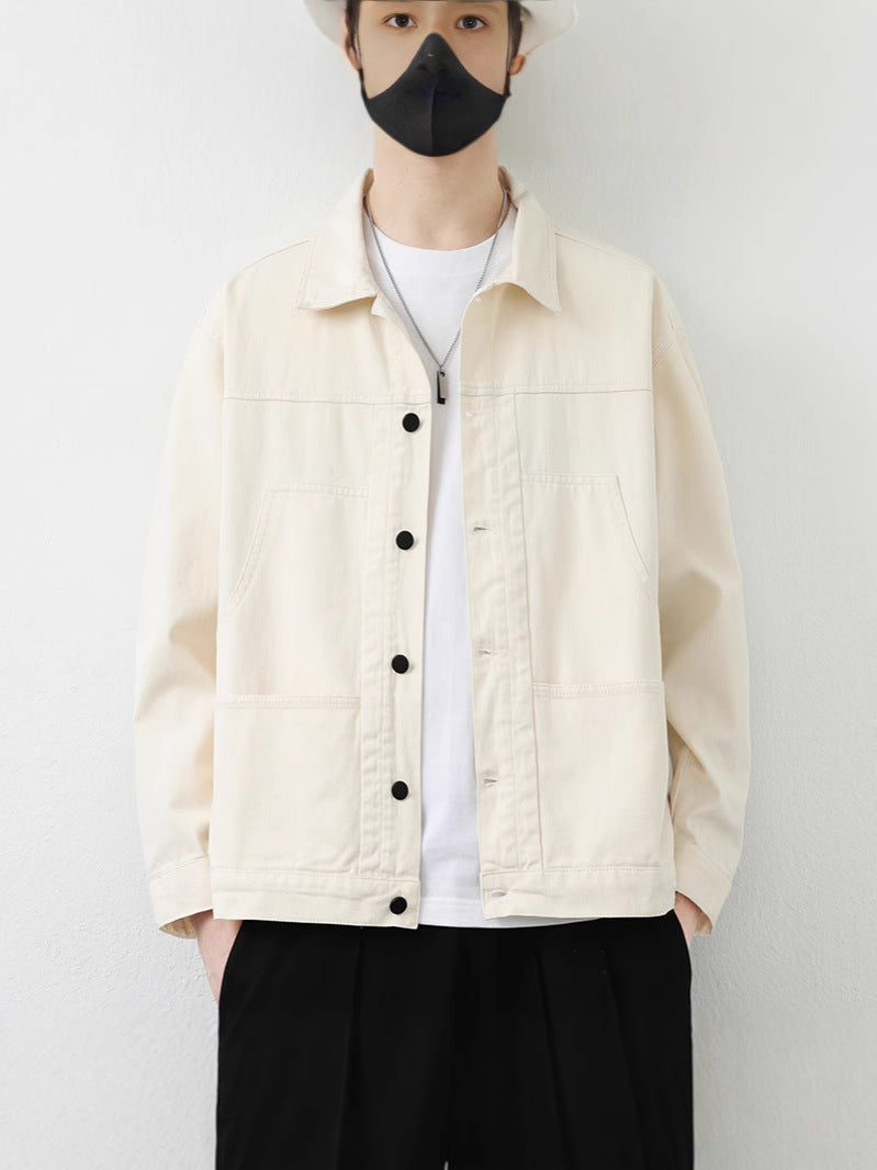 Men's Pure Cotton Lapel Jacket Solid Color Long Sleeve Casual Loose Coat