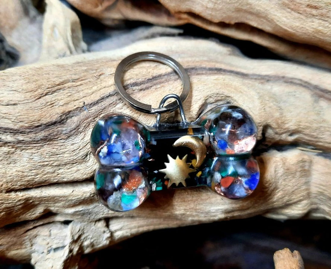 Shungite and Black Tourmaline dog bone charm, on collar